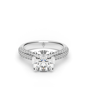 White Gold Round Shape Diamond Triple Row Hidden Halo Pave Engagement Ring With Prong Setting.